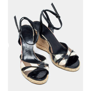 Burberry Espadrille & Patent Leather Check Ankle Strap Wedge Sandals Black EU 39